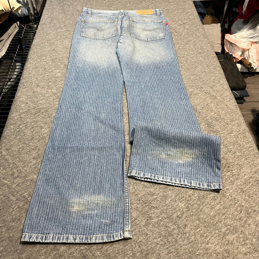 Flying Machine Mens 30x34 Pinstripe Flared Wide Leg Jeans Blue Faded Denim